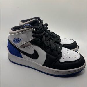 Nike Air Jordan 1 Mid SE Black White Blue  Athletic Sneaker 5Y